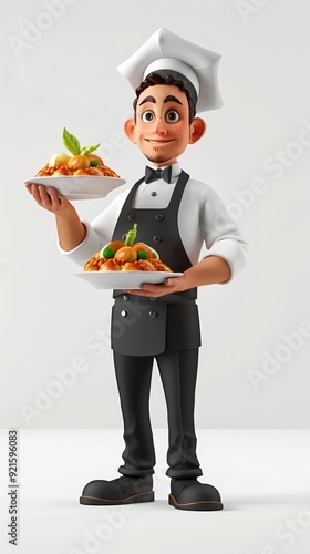 A 4D cartoon waiter in uniform serving a dish on a 293 3425 food, woman, salad, eating, chef, diet, vegetable, healthy, plate, cook, holding, fruit, meal, kitchen, restaurant, nutrition, smiling, pers