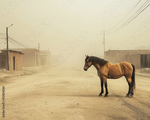 A lone horse stands in a deserted street, enveloped in fog, evoking a sense of solitude and mystery in a rural setting.