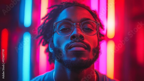 Portrait of a young man with glasses illuminated by vibrant neon lights in a futuristic urban setting, showcasing a modern and edgy aesthetic with intense color contrasts