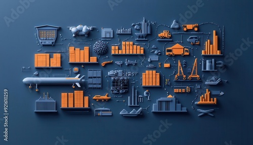 A layered map showing regional warehouses, shipping routes, and delivery drones, visualizing advanced logistics on a global e-commerce platform