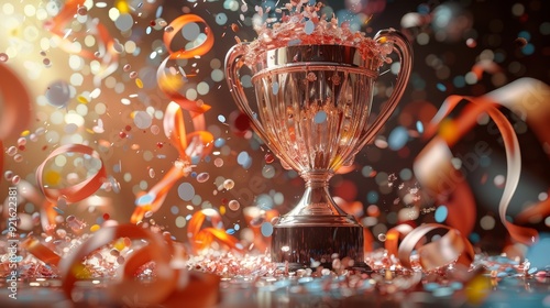 Celebration of victory with a shiny trophy surrounded by colorful confetti and streamers