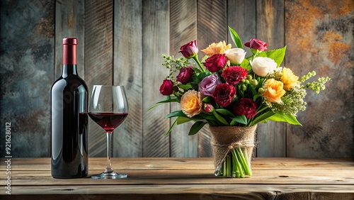 Still life composition featuring a bottle of wine and a bouquet of flowers on a table , wine, bottle, flowers, bouquet, table