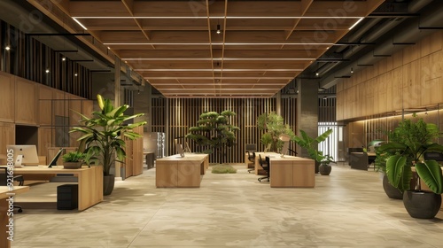 A spacious office filled with plants, wooden furniture, and collaborative workspaces, highlighting a modern design aesthetic