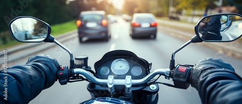 Motorcycle rider using turn signals well in advance to clearly indicate their intentions and maneuvers emphasizing safe and responsible driving practices on the urban road network