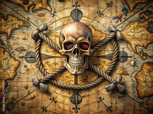 Foreboding skull and crossbones emblem on a vintage treasure map, surrounded by anchors, ropes, and flags, evoking pirate legend and perilous ocean adventures.