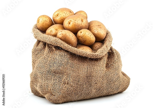 A burlap sack full of potatoes isolated on a white background.