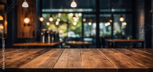 Empty wooden table in front of abstract blurred background for product display in a coffee shop