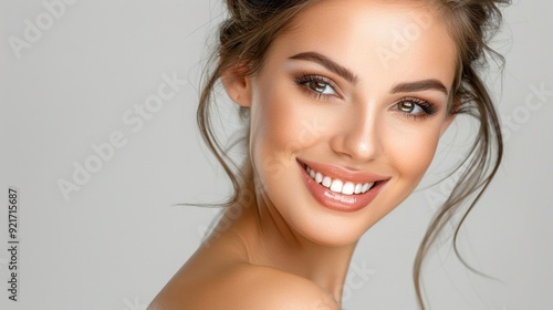 Radiant young woman with a bright smile and perfect flawless skin face portrait.