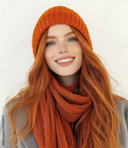 A beautiful smiling woman with long red hair wearing an orange beanie and scarf poses against a white background 