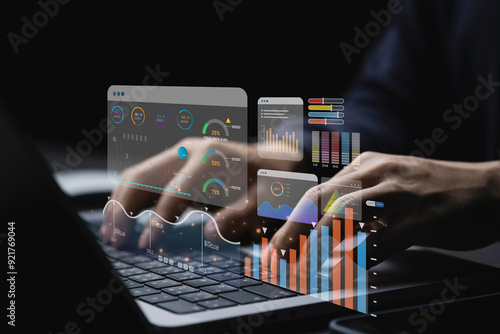 KPI and metrics connected to database. finance, operations, sales, marketing, KPI, business performance indicators. Data management system on computer to make report