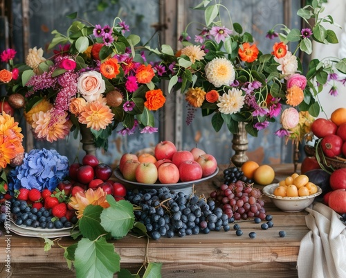 Elegant wooden table set with ripe fruits and bright flowers, creating a stunning, inviting display