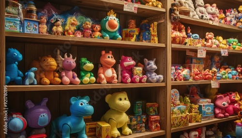 Colorful display of plush toys and collectibles in a quaint toy shop during the day