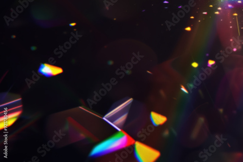 Iridescent prism light effect on black background, rainbow of colors on the black background. Glowing colorful lights and a bokeh lens flare with space, abstract refraction of sunlight prism effect