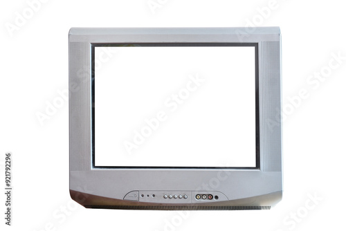 Old silver TV isolated on white background. Retro technology concept. Blank screen for text.Vintage TVs 1980s 1990s 2000s. 