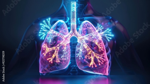 Holographic lung health, detailed airways, clear bronchioles, advanced medical visualization, futuristic technology