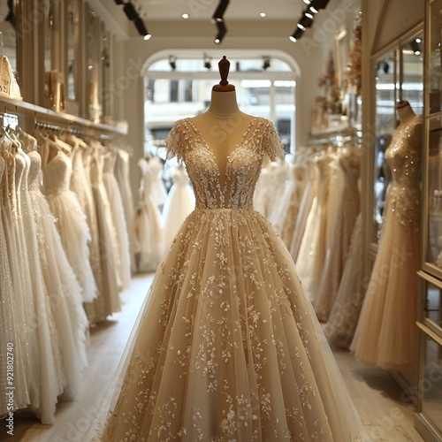 A collection of stunning wedding dresses showcases diverse styles and intricate designs in a well-lit bridal boutique 