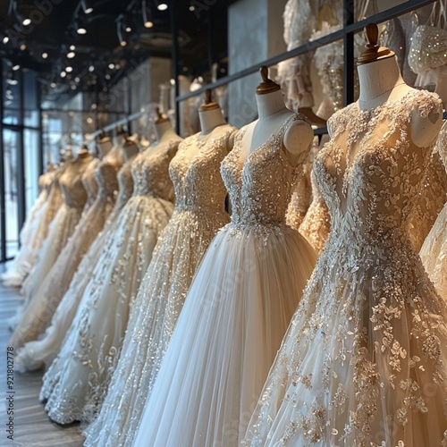 A collection of stunning wedding dresses showcases diverse styles and intricate designs in a well-lit bridal boutique 