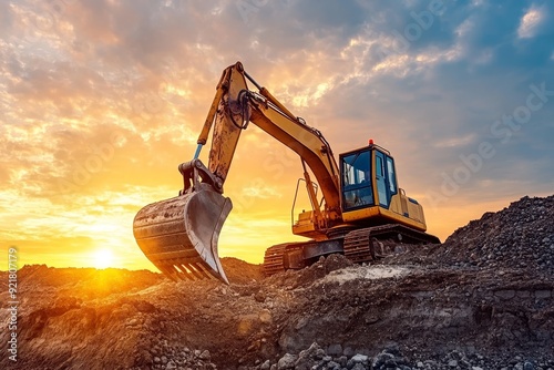 Sunset construction site heavy excavator at work for civil engineering and real estate development