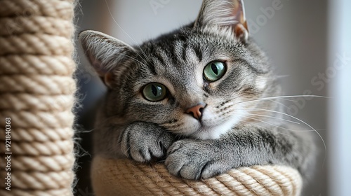 A grey tabby cat with green eyes rests on a rope scratching post