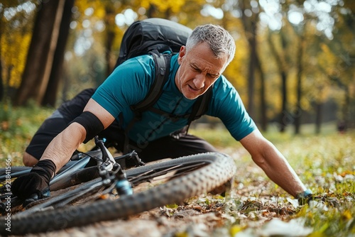 An active senior man in sportswear fell off his bicycle on the ground and injured his knee in a park in the autumn.