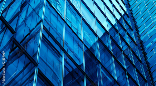 A close up of the glass curtain wall on an office