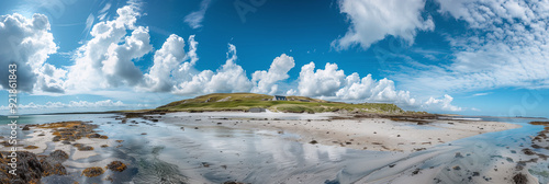 Wide-Angle Coastal View of Benbecula Island with Sandy Beach and Dramatic Clouds