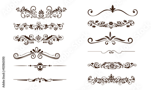 Floral Divider, Floral Line, Ecorative Dividing Line, intage swirl ornament line flourish set. Filigree calligraphic ornamental curls Decorative retro design vector illustration