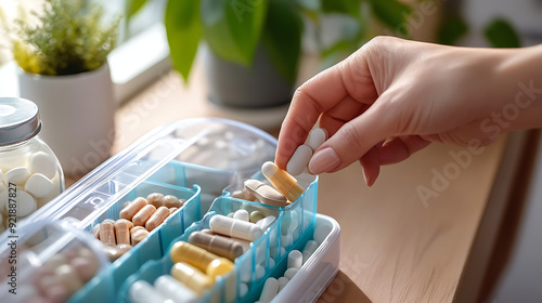 A hand placing a mineral supplement tablet into a weekly pill organizer, focusing on daily immune support. 