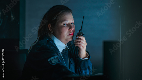 Female security officer or dispatch in uniform uses walkie talkie, looks at monitors sitting at workplace in monitoring center during night shift. CCTV, surveillance system and social safety concept.