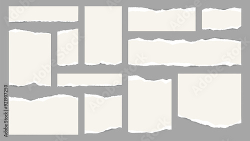 White torn paper notes with ripped edges and corners, vector page scraps. Torn paper strips, cut shreds and cracks of sheet pieces, paper wisp fragments with crumpled edges for memo note frames