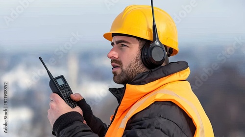 A professional engineer in an orange vest and yellow helmet communicates at the urban riverbank on a sunny day