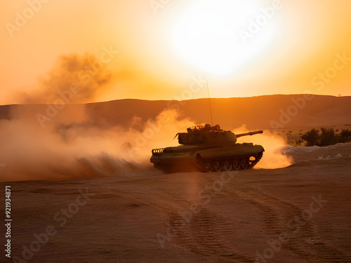 Heavy tank maneuvering through orange desert with dust and smoke