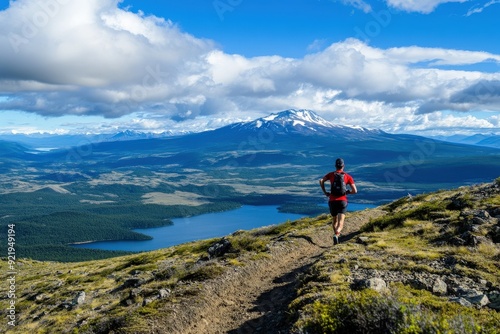 A trail runner dressed in red navigates a narrow mountain path, with a stunning view of a wide blue lake, lush green forest, and snow-capped mountains in the distance.