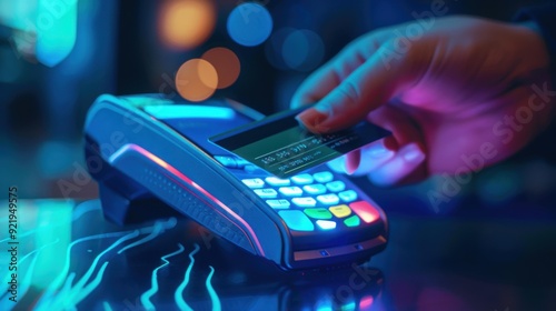 A hand using a credit card on a payment terminal, showcasing a modern transaction experience. The scene is illuminated with vibrant blue and colorful lights, creating a dynamic atmosphere.