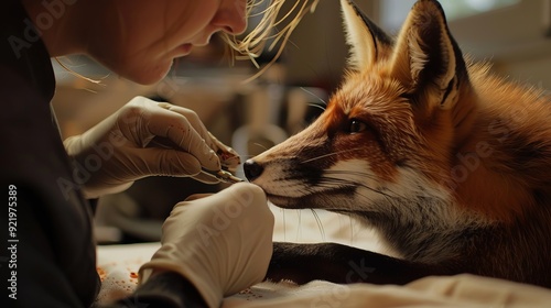 Animal welfare worker treating an injured fox