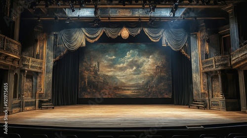 A theater stage with a dramatic backdrop and set pieces ready for a Shakespearean play.