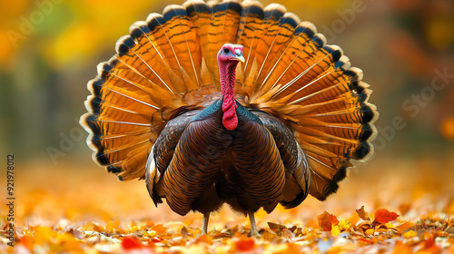 wild turkey bird in autumn forest strutting tail feathers 