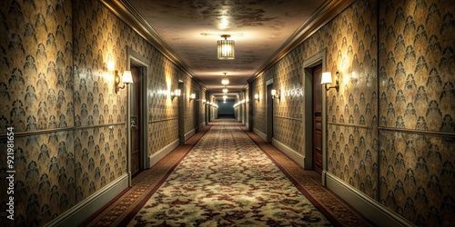 Scary gloomy hotel hallway with flickering lights and peeling wallpaper, spooky, eerie, creepy, dark, corridor