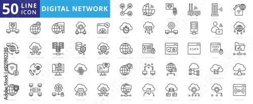 Digital network icon set with internet, ethernet, router, modem, wifi, lan, wan, vpn, firewall, ip address, dns and tcp.