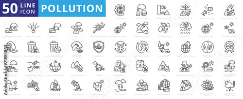 Pollution icon set with air, water, soil, noise, plastic, industrial, chemical, radioactive, thermal and light.