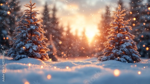 Snow falling on pine trees covered with snow at sunset in winter forest