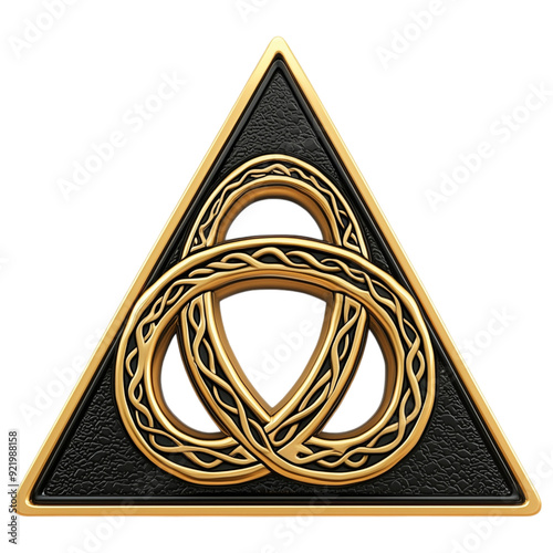 Black and gold triangle symbol with circular design elements, isolated on transparent background. 