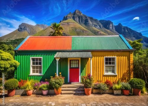 Colorful exterior of a traditional South African house featuring corrugated iron roof, bright façade, and lush greenery set against a clear blue sky backdrop.