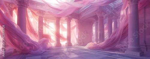 Interior of an ancient Greek temple with pastel pink drapery and majestic columns