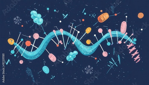 Colorful illustration of DNA structure with various cells and molecules on a dark background