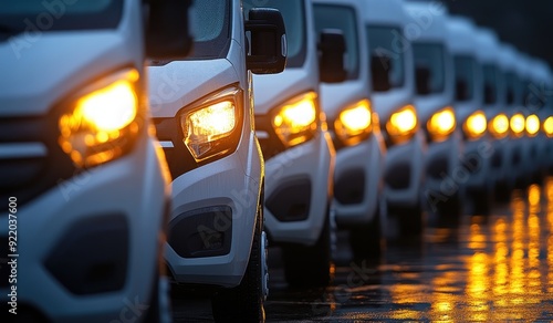 A row of white delivery vehicles parked side by side, each with its own unique design and features. 