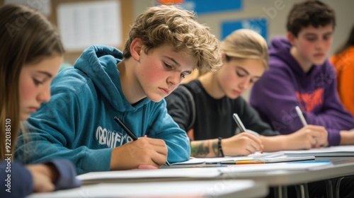 A small group of students sitting in a quiet classroom, intently working on their homework assignments, their faces focused and determined, as they strive to understand and complete their tasks,