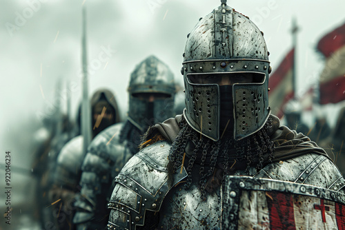 Medieval templar knights in detailed armor with weathered shields standing in formation on a foggy battlefield. Concepts of historical warfare, bravery, and medieval military tactics.