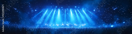 Crowded concert hall with blue stage lights and starry atmosphere, audience in silhouette, vibrant live performance