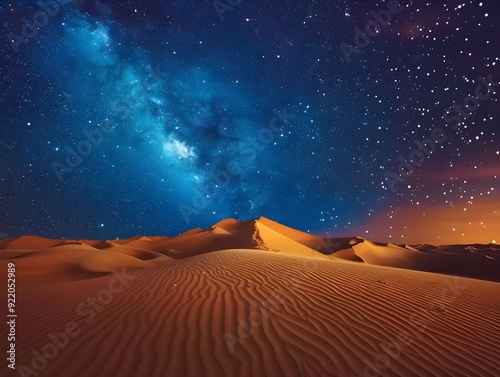 Starry night sky over desert dunes during twilight in a remote location